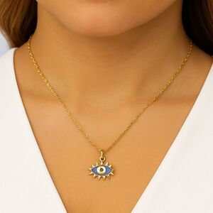 NEW Dainty Evil Eye Layering Protection Necklace Gold Deep Blue Enamel 16 to 18"